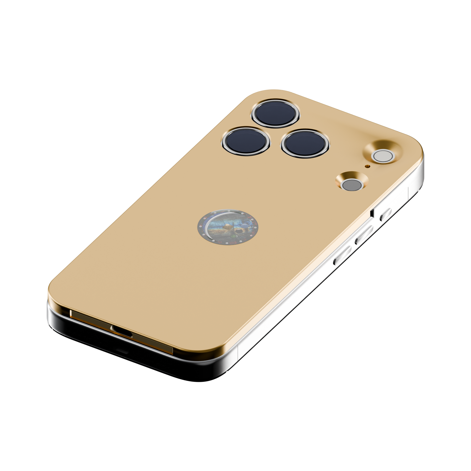 sunulink.shield in bare brass on an iPhone 18 Pro in Silver