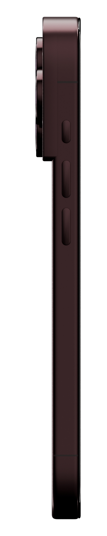 iPhone 18 Pro in Burgundy standing upright, seen exactly from the side: only its thin aluminium edge and the camera lenses standing proud of the back.