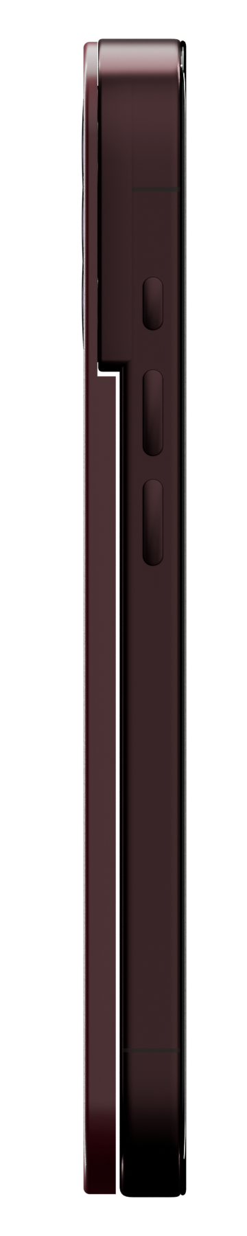 The same iPhone 18 Pro with suñůlink.shield attached, seen exactly from the side at the same scale: the shield covers the back below the camera, its face flush with the lens tops, so it adds no bump above the camera.